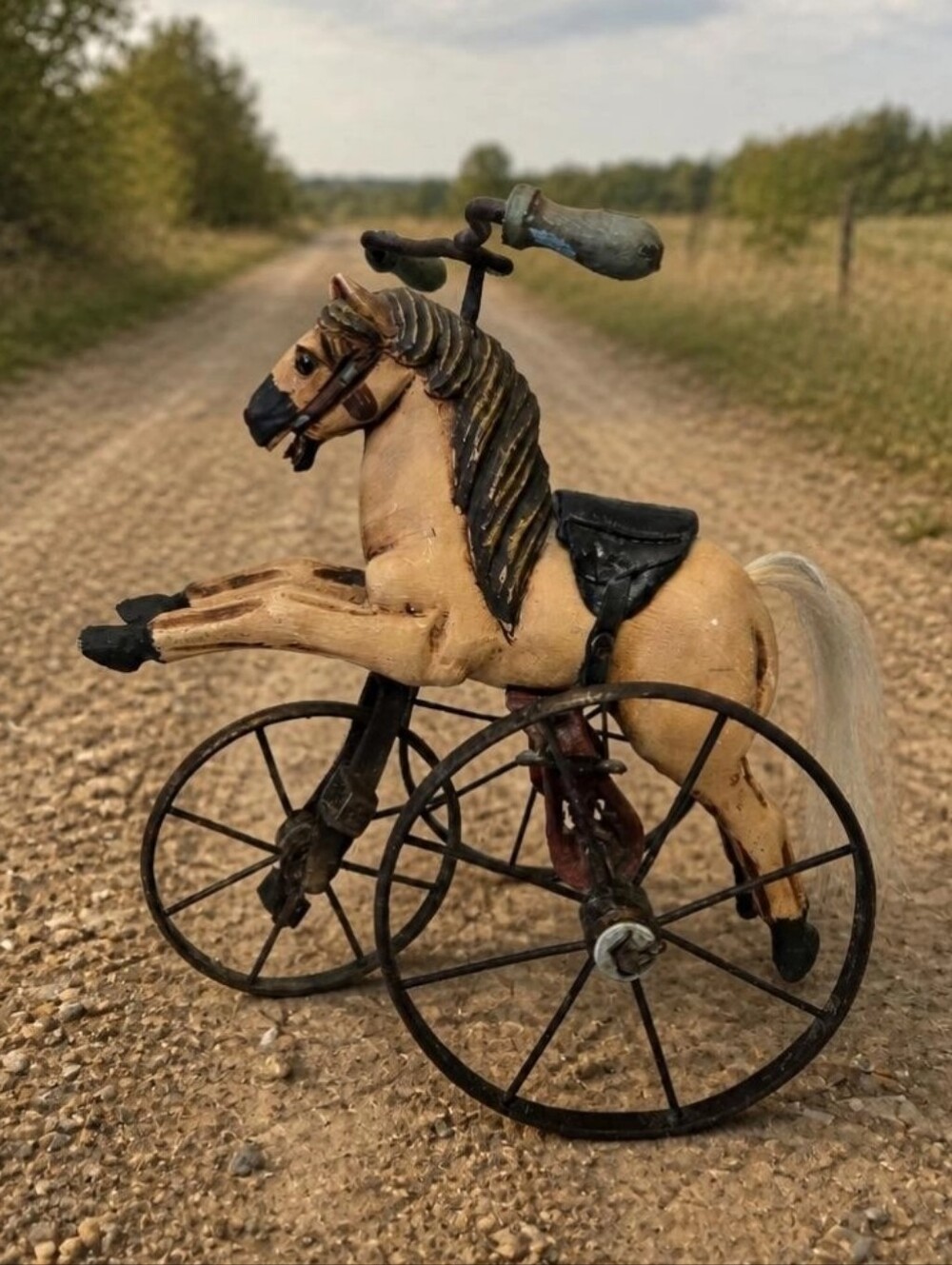 Vintage Wooden Carved Horse Tricycle Hand Made Metal Wheels Work Folk Art